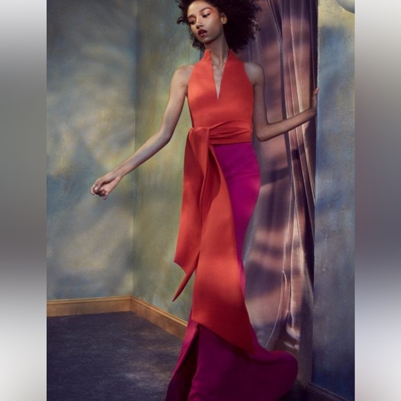 Brandon Maxwell Sleeveless Split-Neck Bicolor Draped Crepe Evening Gown 🩷❤️